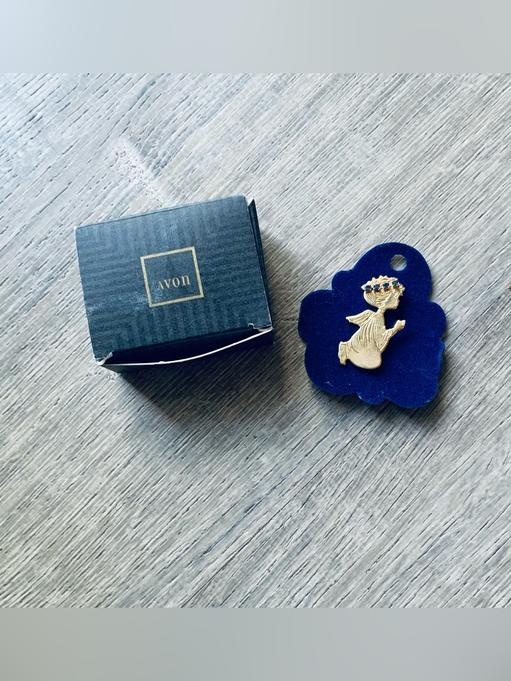 Vintage Avon Gold-tone Angel Pin w/ Blue Accents & Box
